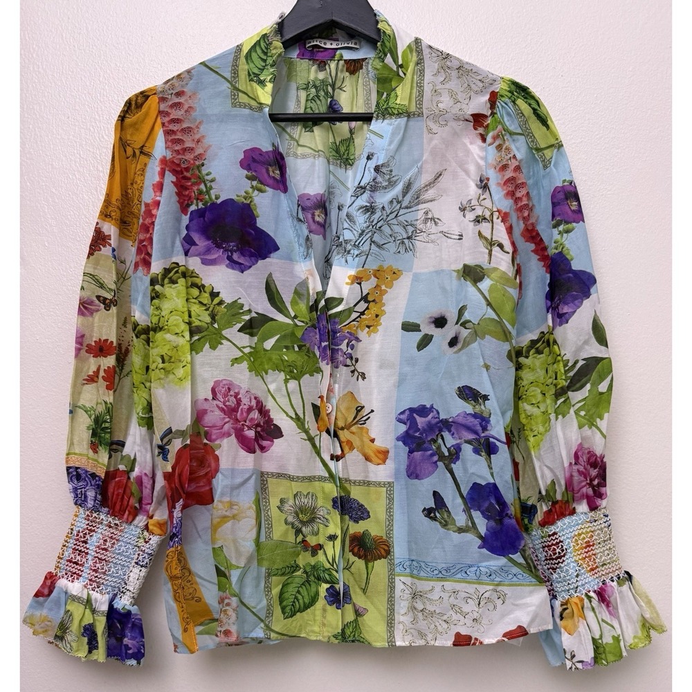 Alice + Olivia Ilan Smocked-Sleeve Button-Front Blouse Top Silk Blend Small - Picture 2 of 9